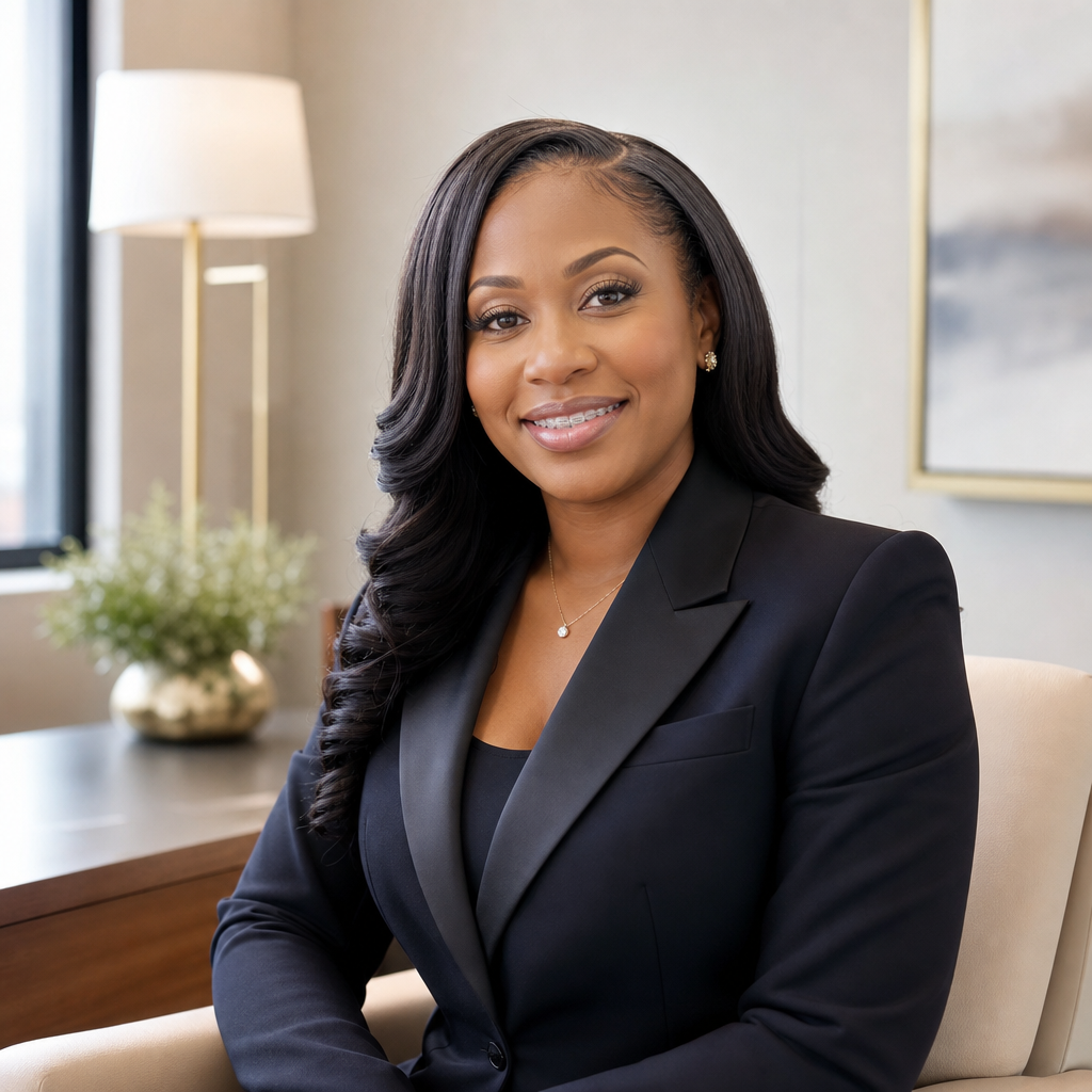 Professional owner leadership portrait of Tasheba Fortney in refined business attire, calm confident expression, and soft natural studio lighting