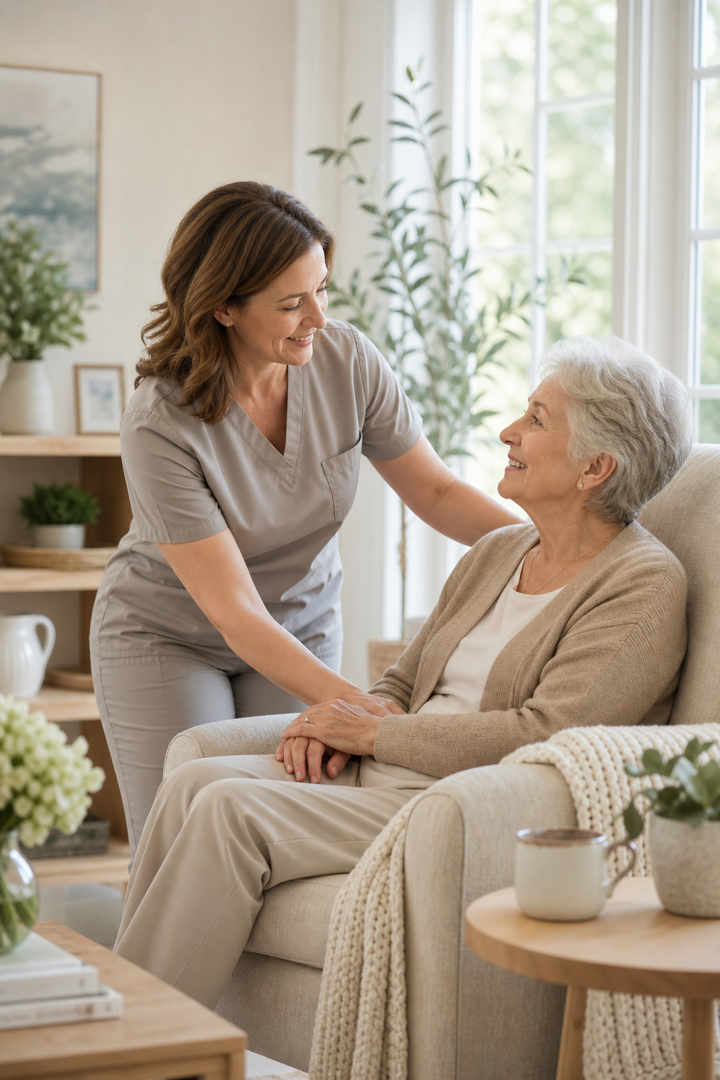 Warm home-care scene with a compassionate caregiver assisting an older adult in a sunlit living room