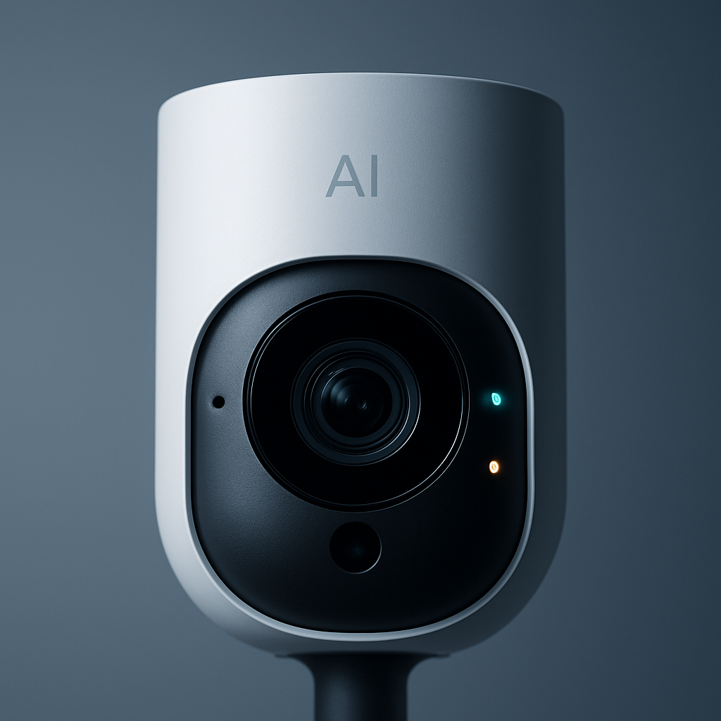 Nahaufnahme einer modernen KI-Sicherheitskamera mit smarten Sensoren