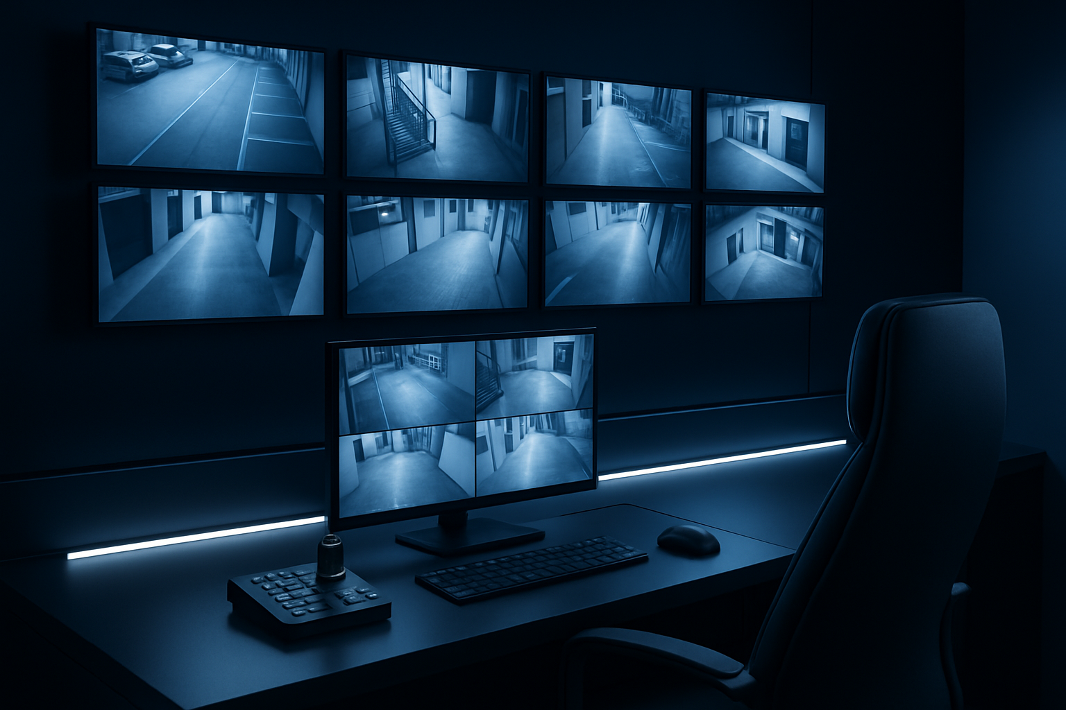 Modernes CCTV-Überwachungszentrum mit mehreren Bildschirmen