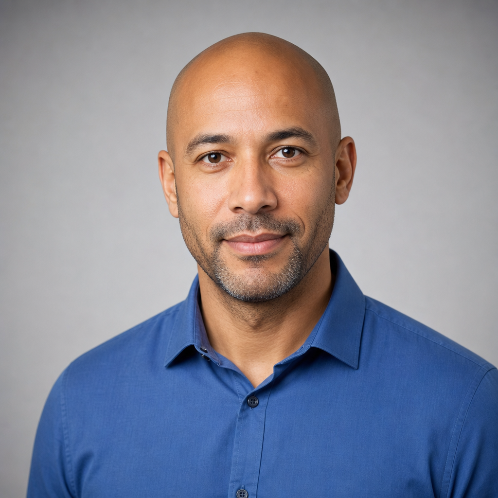 Professional headshot of Darius Coleman, a technical support agent with a shaved head and a blue collared shirt