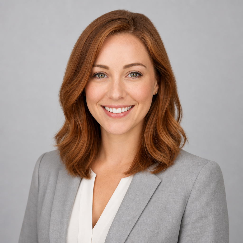 Professional headshot of Elena Torres, a billing guide with shoulder-length auburn hair and a light gray blazer
