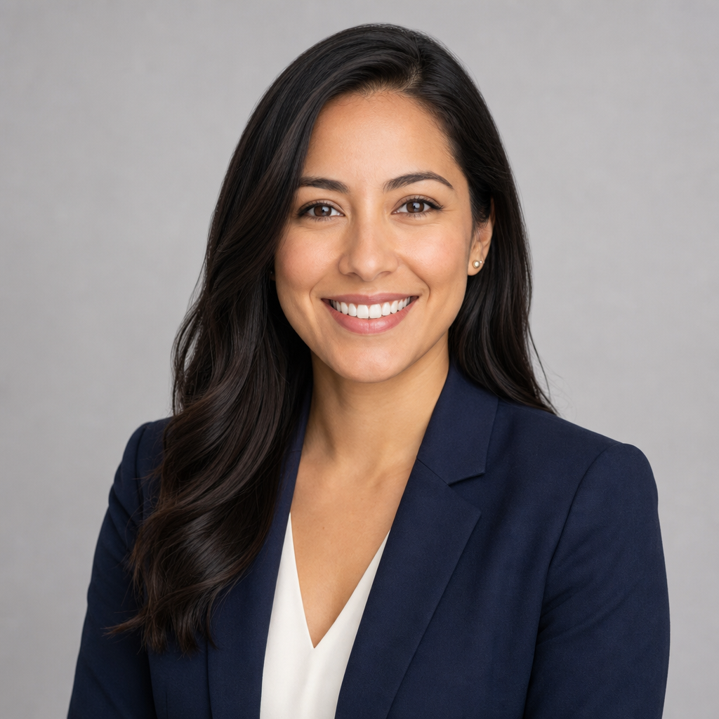 Professional headshot of Nora Patel, a domain specialist with long dark hair and a navy blazer