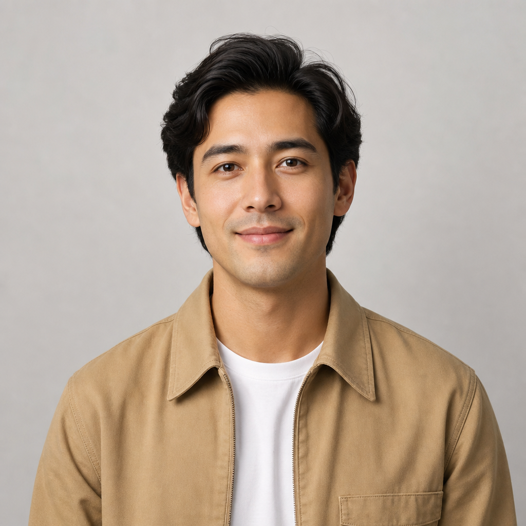 Professional headshot of Oliver Kim, an email and workspace specialist with medium-length black hair and a tan jacket