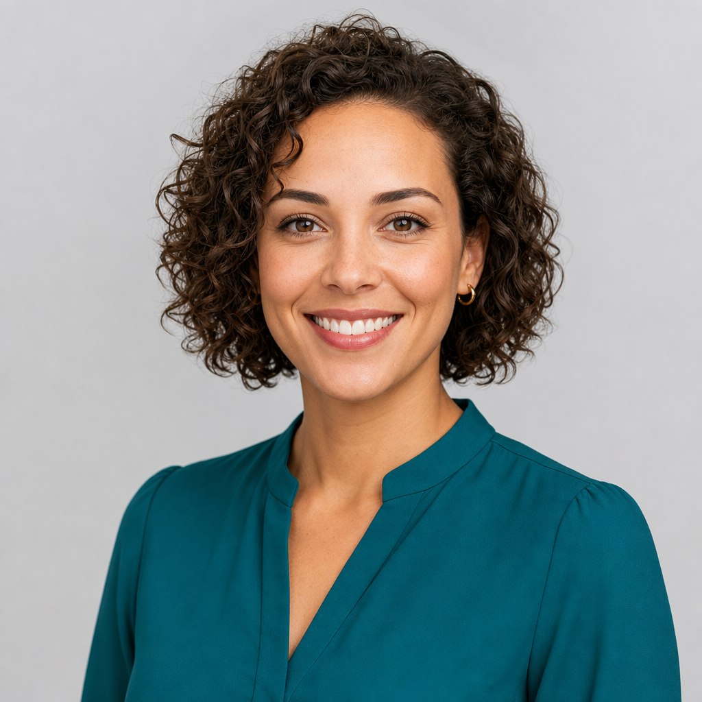 Professional headshot of Sana Rahman, a security advisor with a short curly hairstyle and a teal blouse
