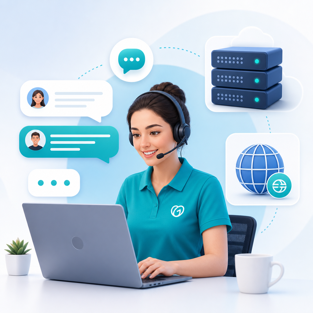 Customer support specialist on a laptop with live chat bubbles and hosting icons
