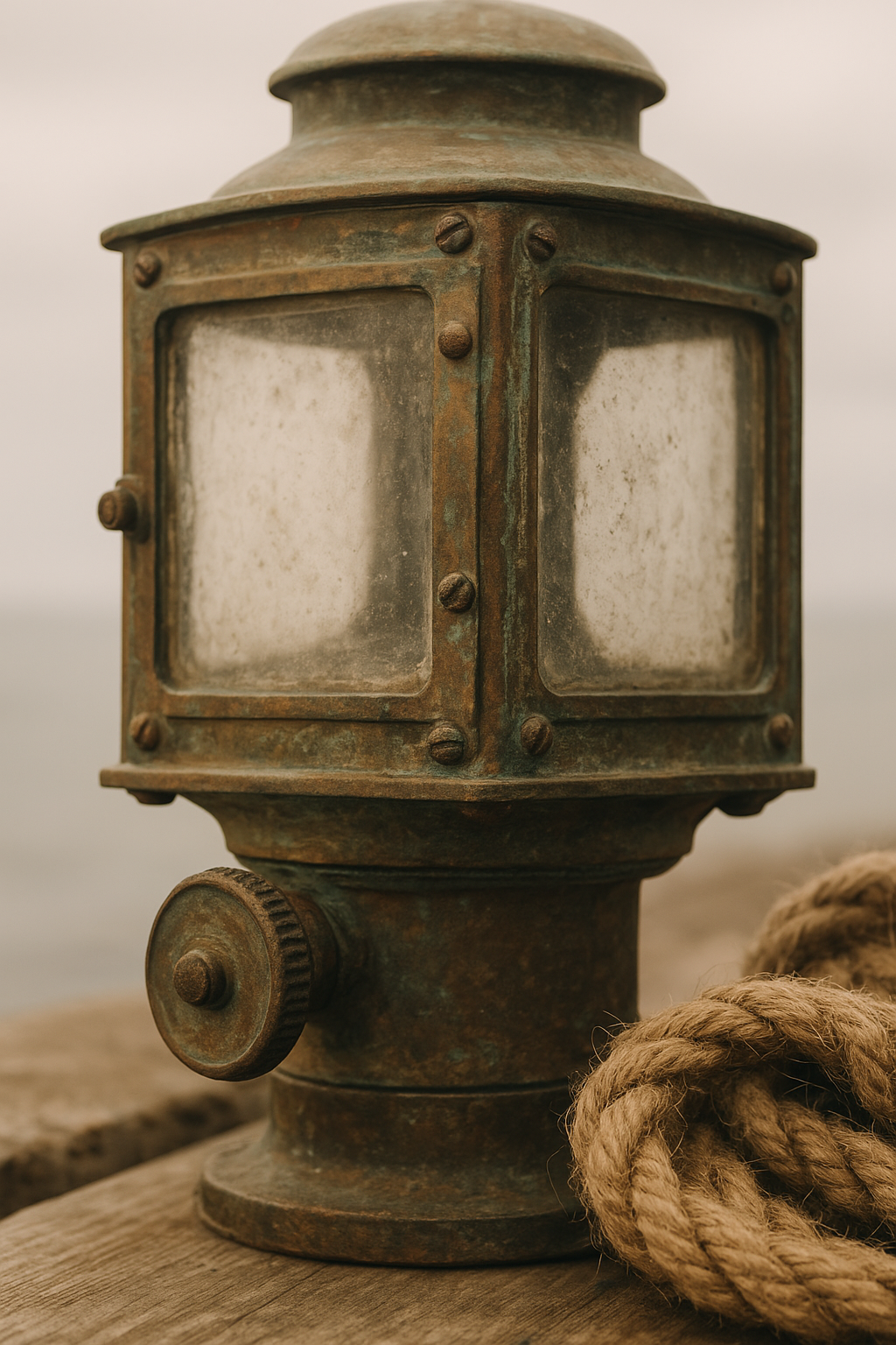 Weathered brass lighthouse lantern mechanism with salt-worn glass and rope texture in soft coastal light