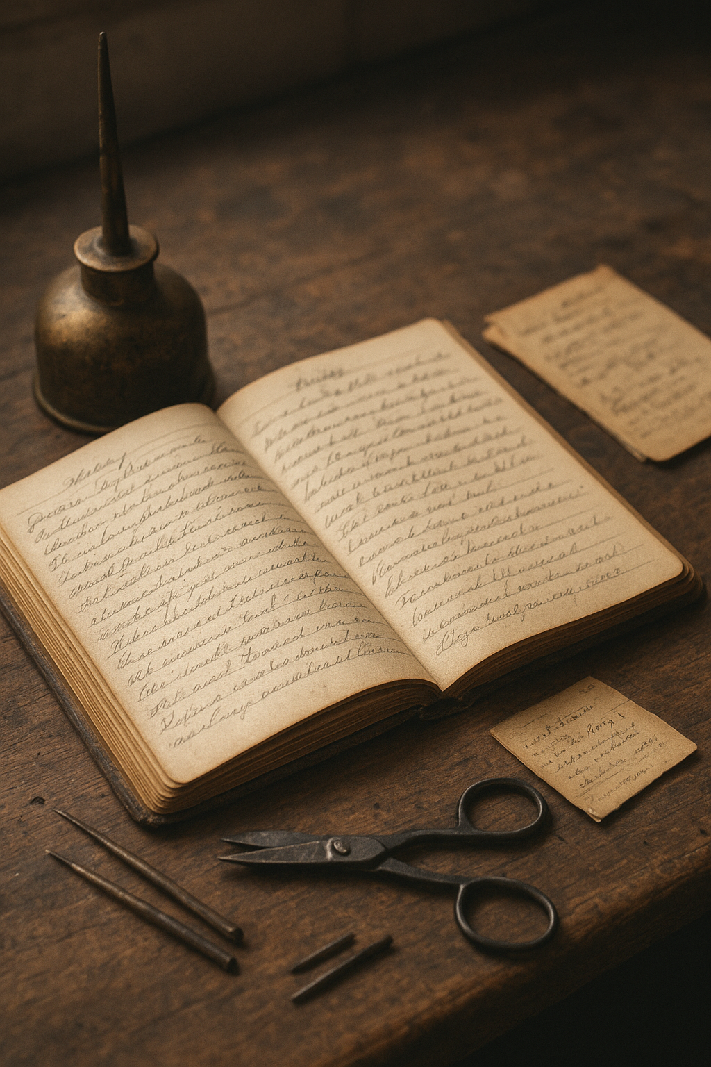A close view of an open lighthouse logbook on a wooden workbench beside brass lantern maintenance tools