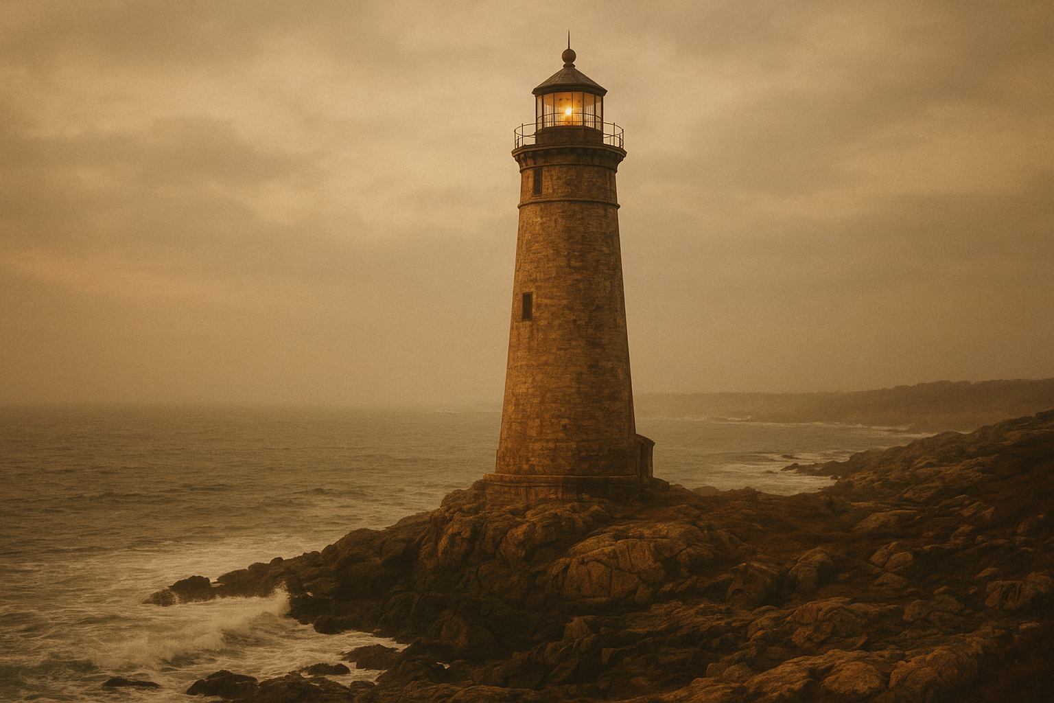 Weathered lighthouse on the northern coast above a rocky shoreline at dusk, with warm documentary tones and sea haze