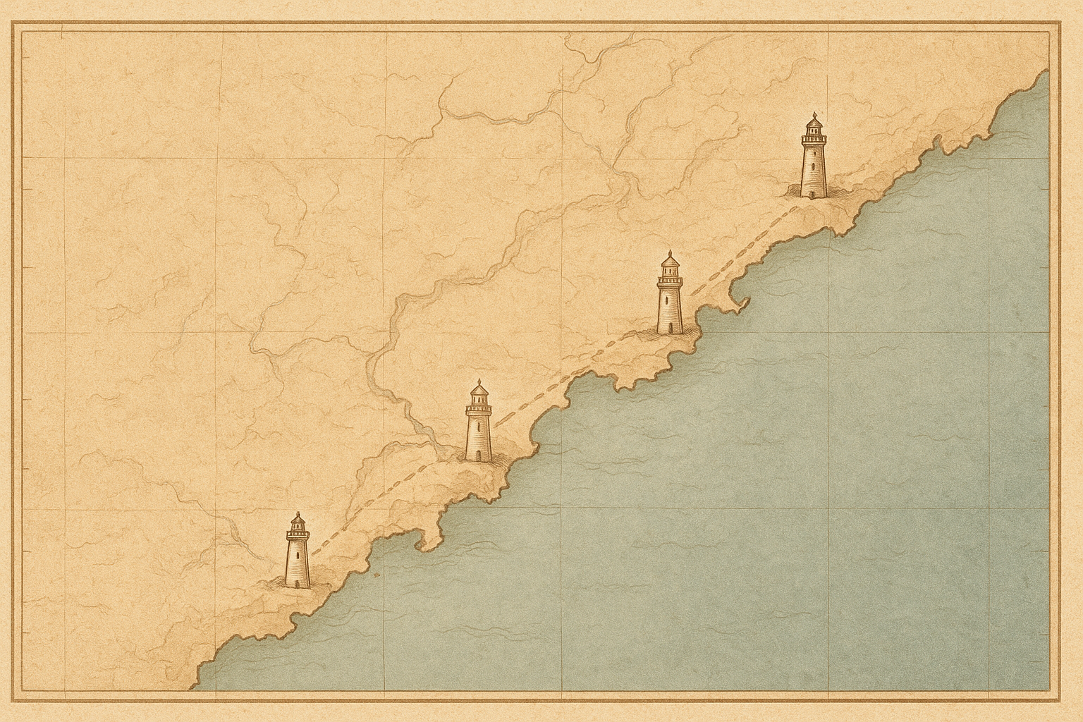 Illustrated archival-style map of the northern coast with four preserved lighthouse markers and a soft paper texture