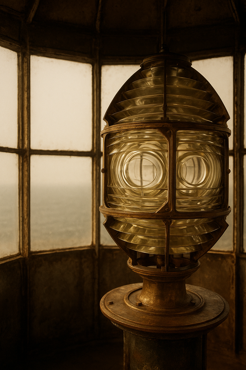 Close documentary view inside a lighthouse lantern room with brass signal lens and weathered metal framing
