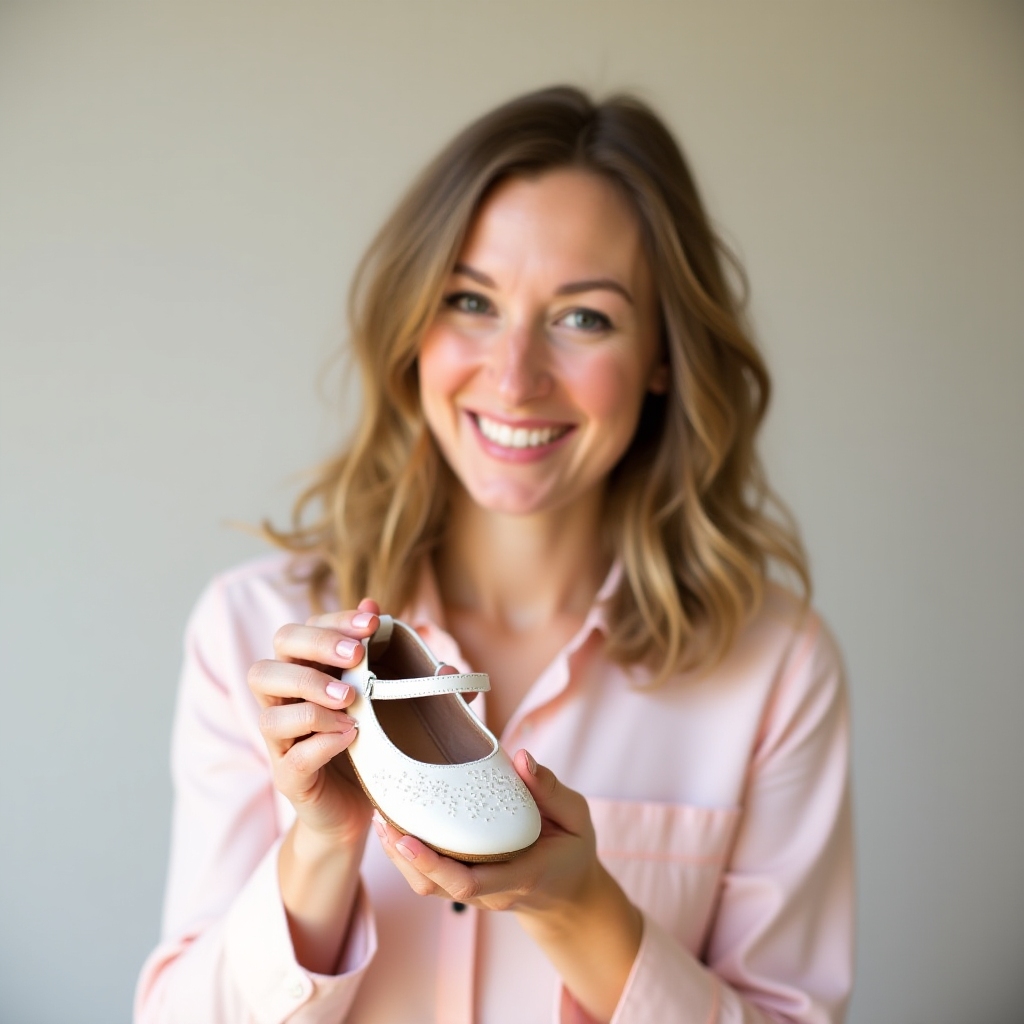 Anna – Founder and Head Designer, smiling warmly, holding a tiny shoe