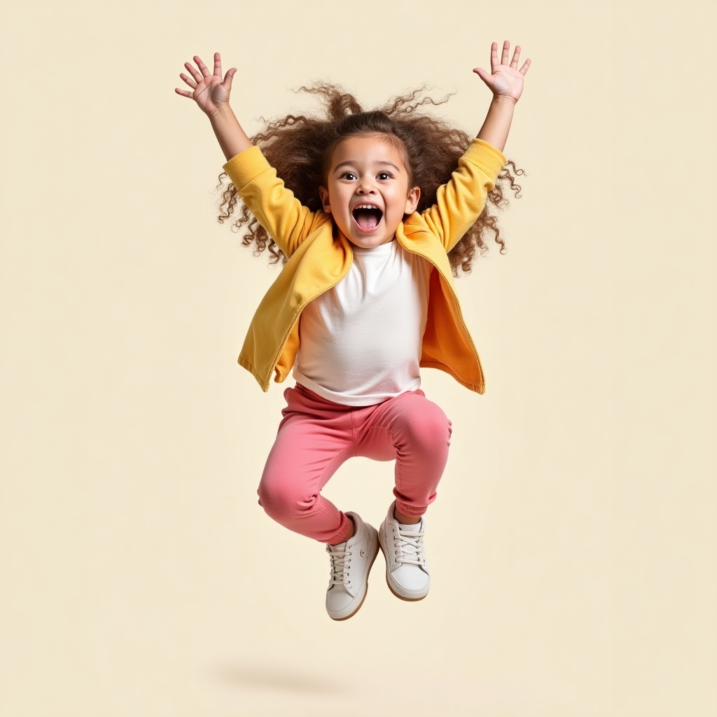 Dasha – Junior Model and Tester, playful child wearing KissKid clothes and jumping with joy