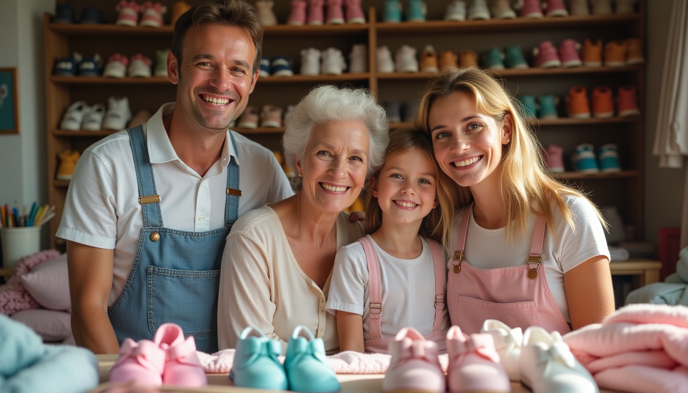 The KissKid family team, smiling together in their workshop, surrounded by children's shoes and clothing in a warm, sunlit space