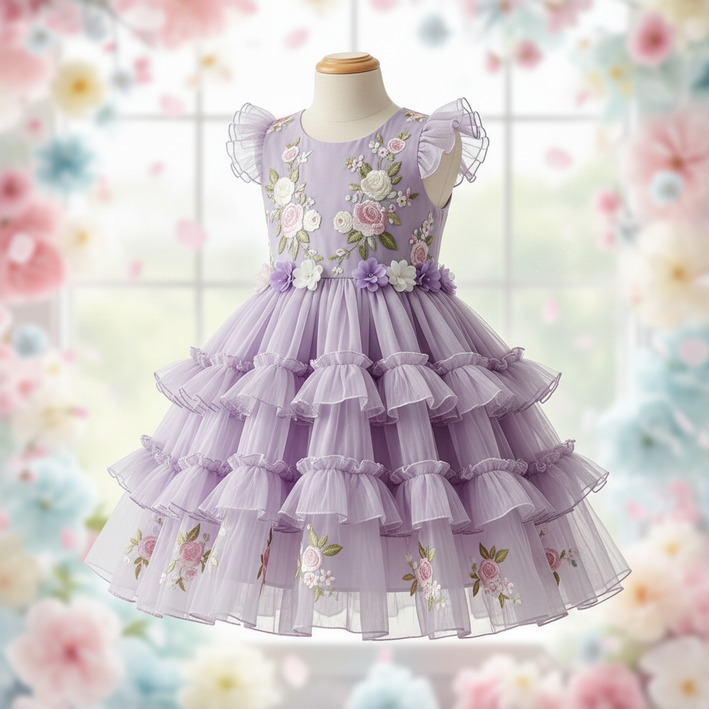Lilac ruffled dress for girls, beautifully presented with floral accents