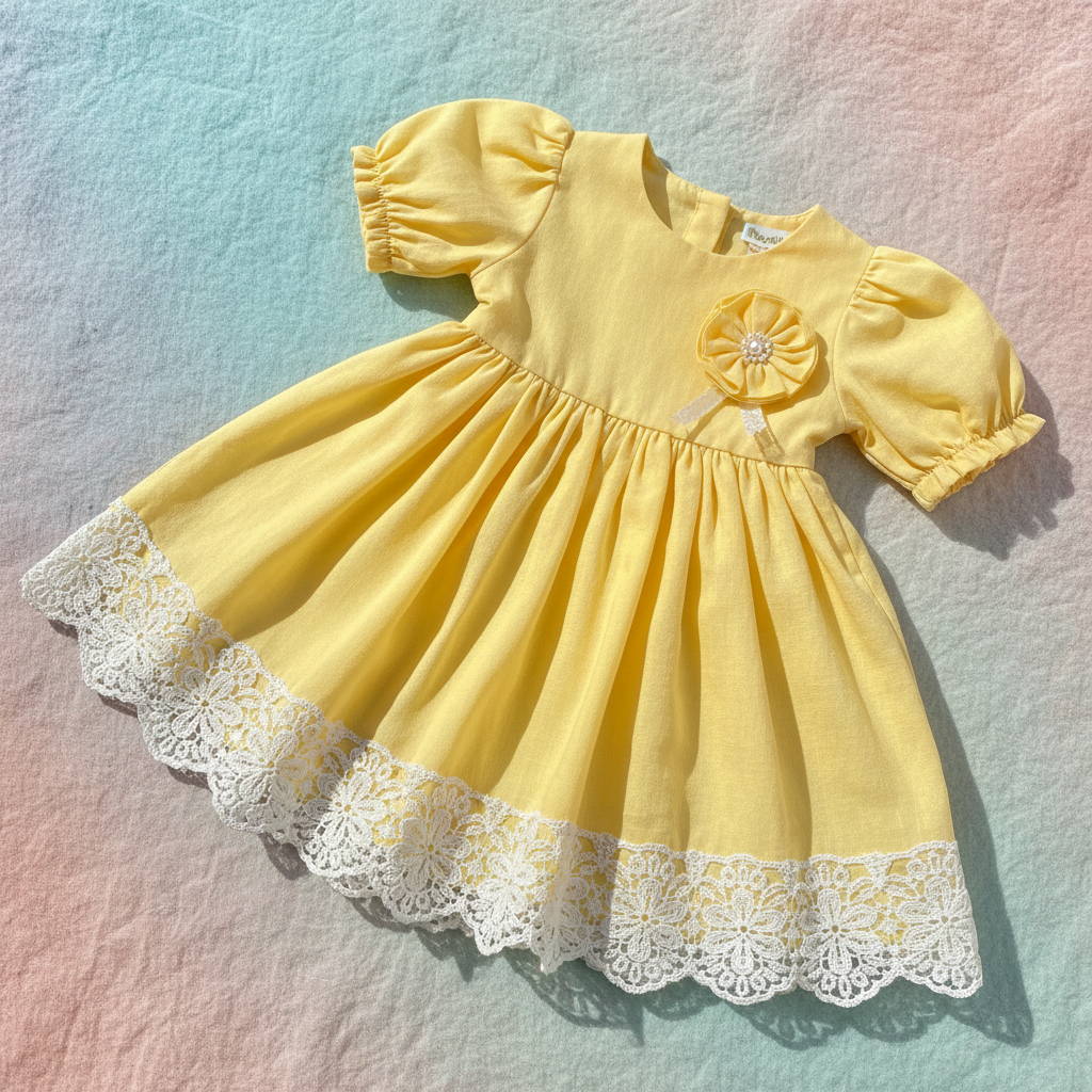 Sunny yellow handmade dress for girls, displayed with gentle folds and a touch of lace