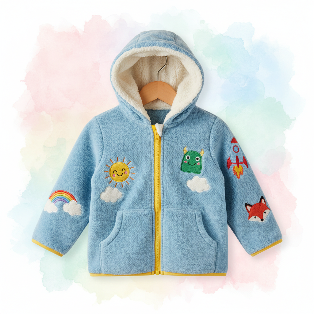 Light blue zip-up jacket for children with playful patches and a cozy hood