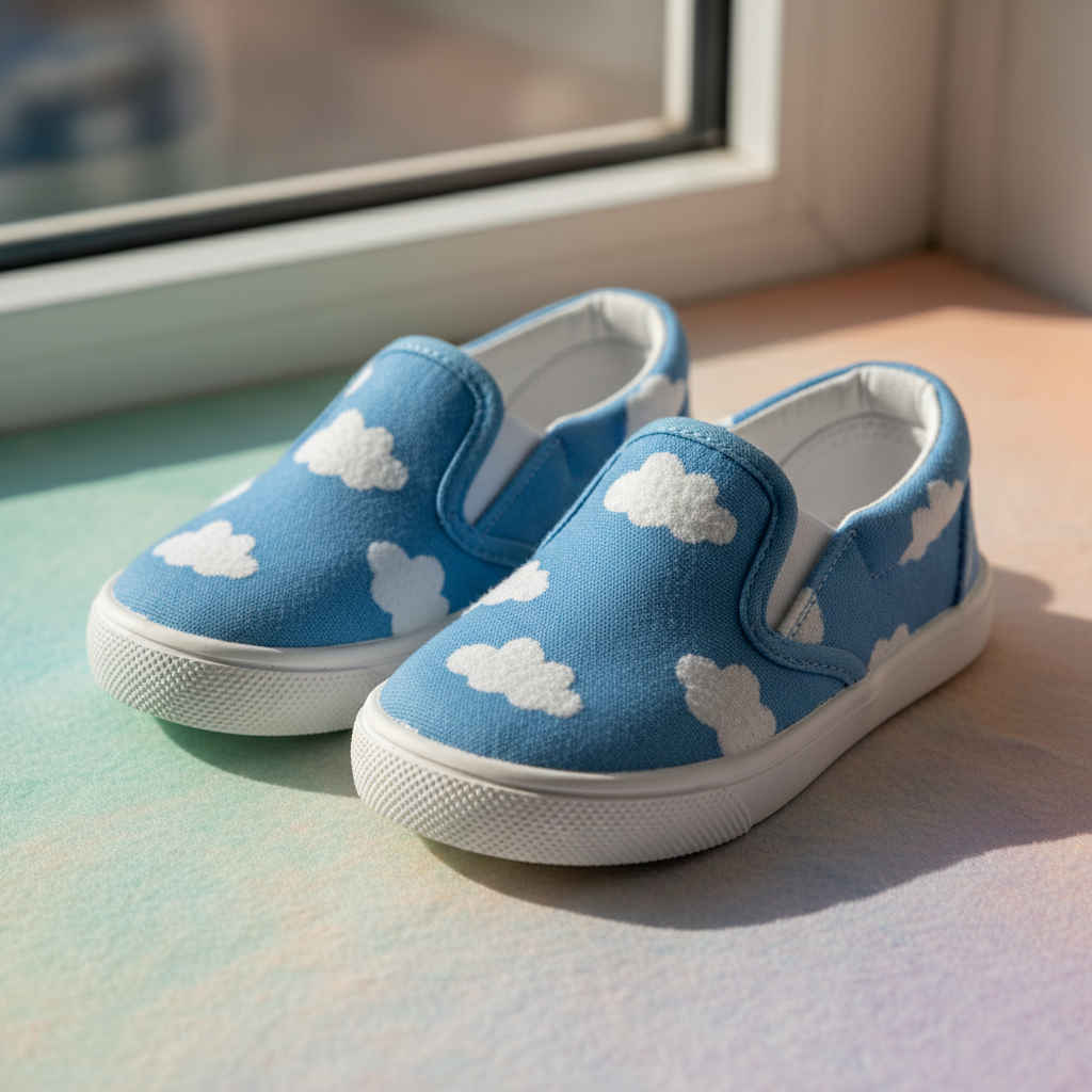 Blue kids' slip-on shoes with cloud patterns, sitting on a pastel background