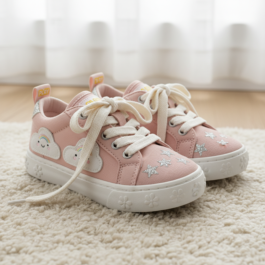 Pastel pink children's sneakers with white laces and playful details on a soft backdrop