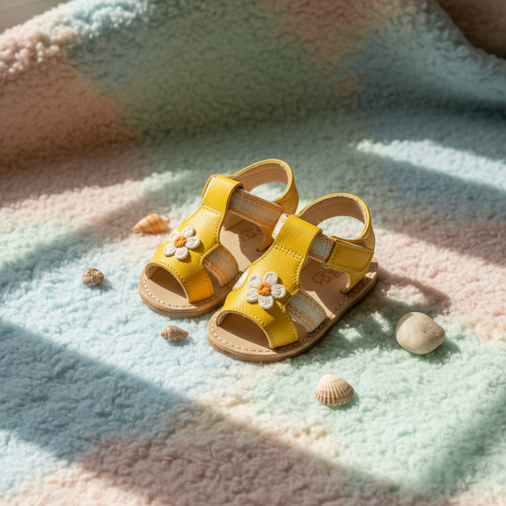 Bright yellow handmade sandals for kids, set against a soft pastel surface