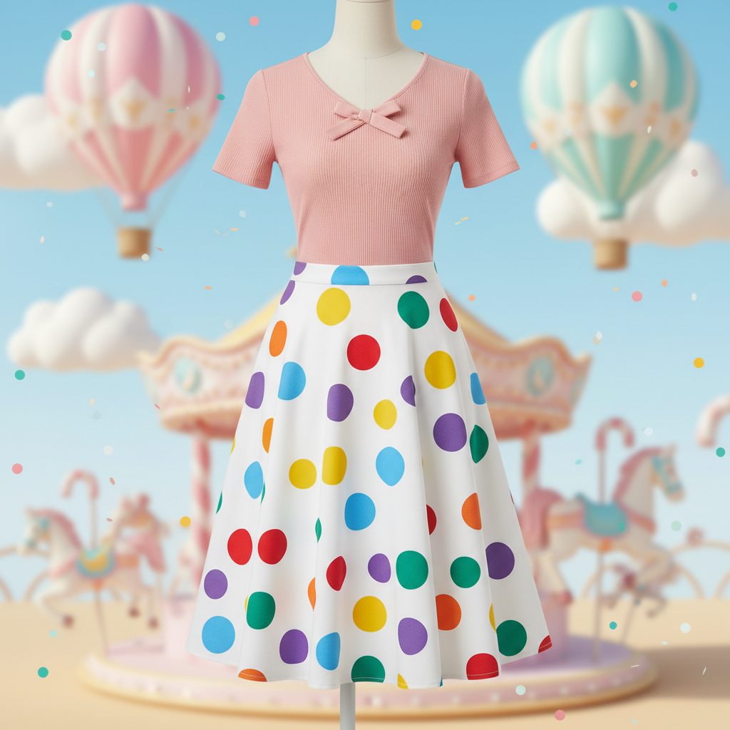 White skirt with colorful polka dots, styled with a pink top and little bow