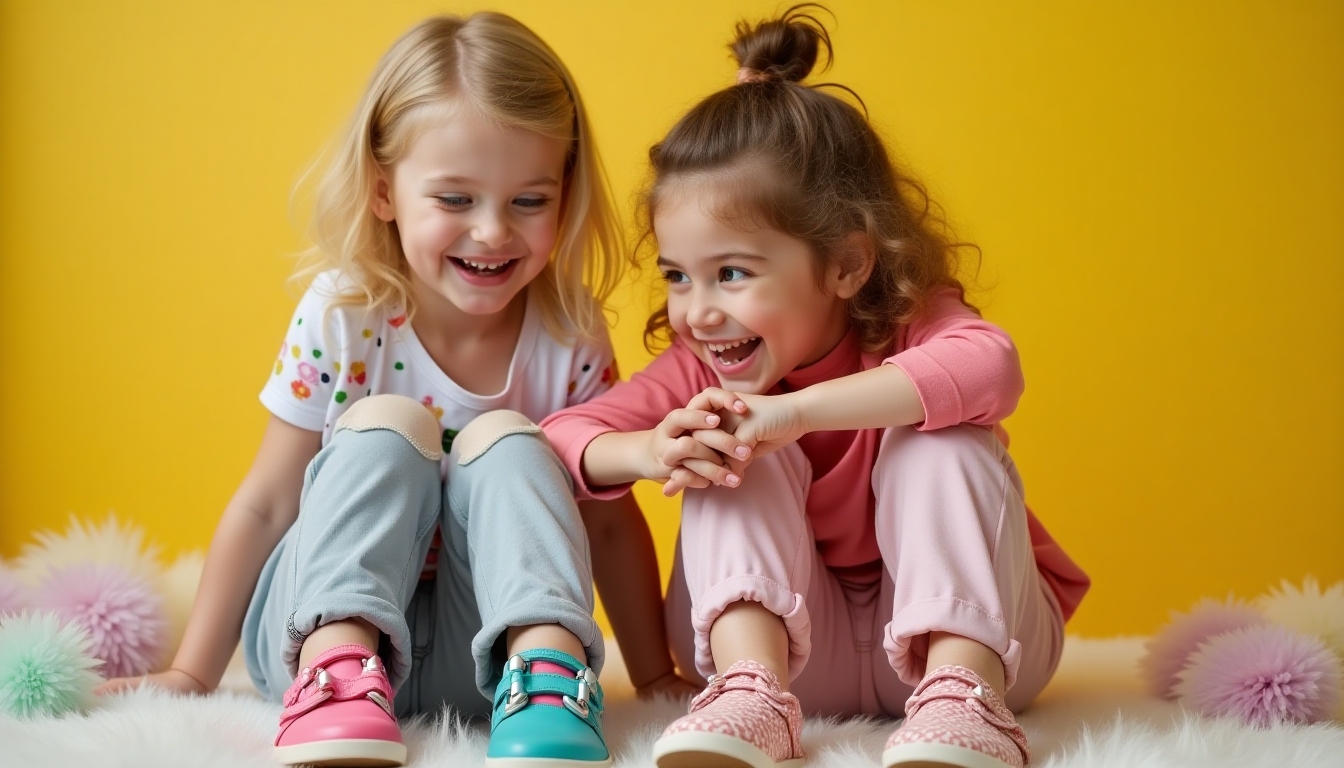 Joyful children wearing KissKid handmade shoes and clothes, smiling together in a bright, playful setting