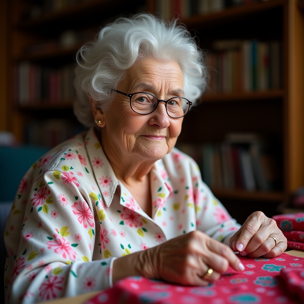 Babushka Olga – Seamstress and Grandma, gentle and kind, sewing with colorful fabrics