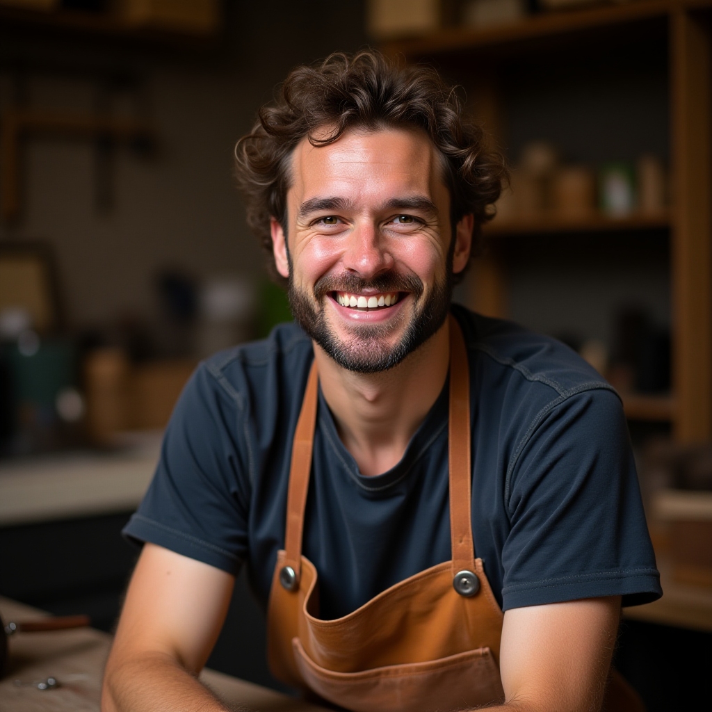 Pavel – Craftsman and Quality Chief, cheerful, working with leather in the workshop