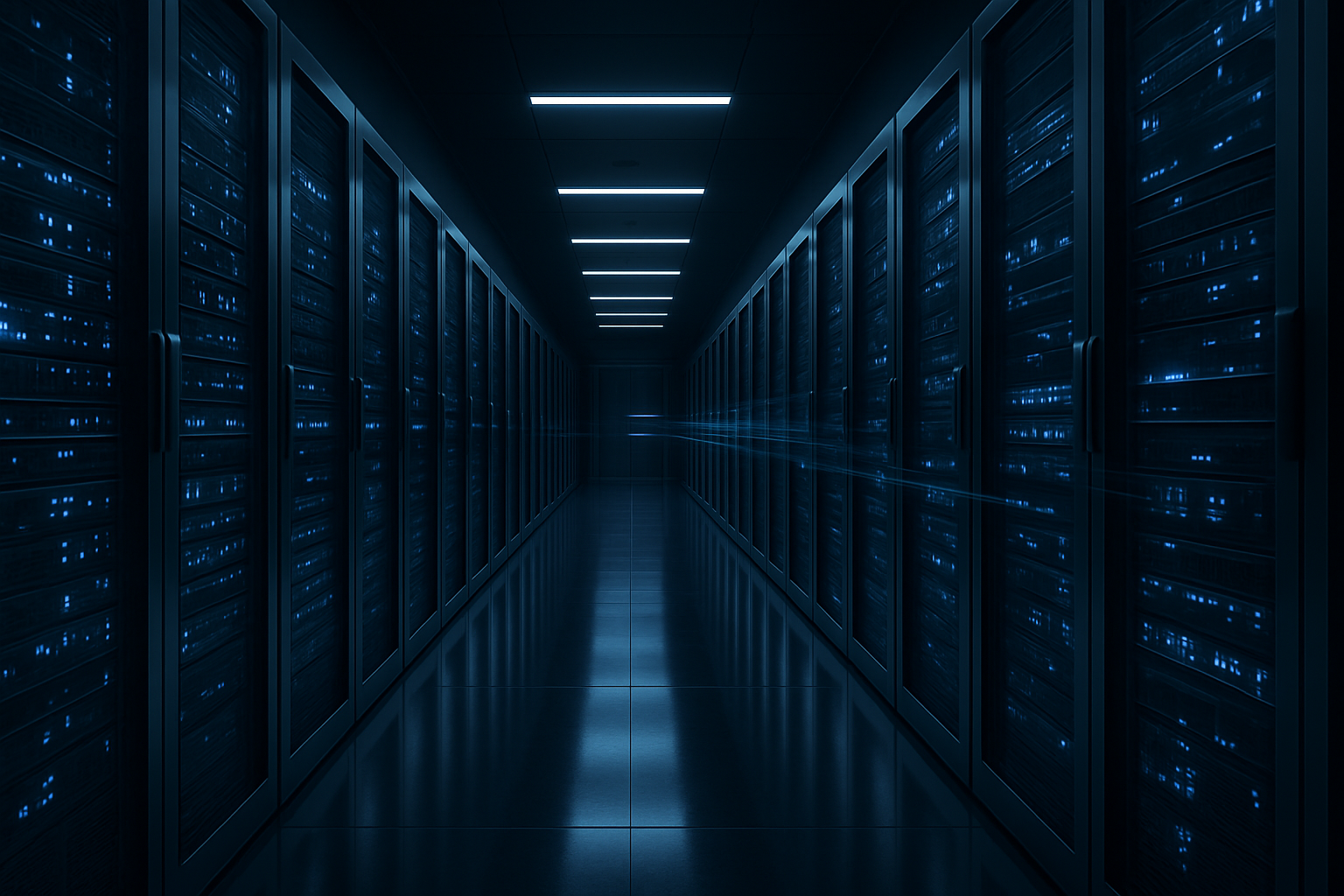 Blue-black data center aisle with glowing server racks and subtle network light trails