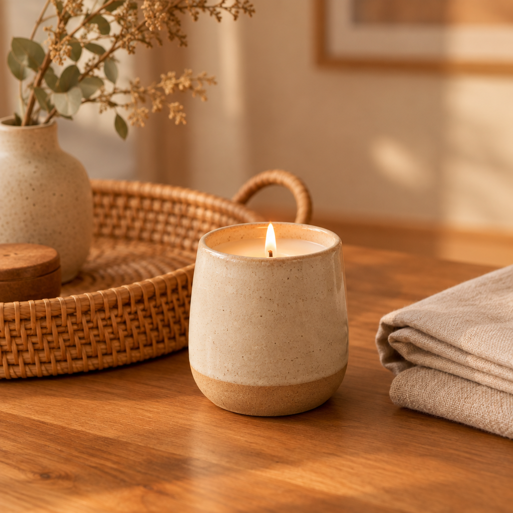Hand-poured candle beside a woven tray and folded neutral linen cloth