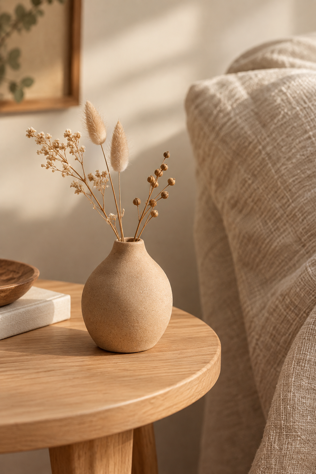 Close-up of a matte clay bud vase with dried stems on a wooden side table