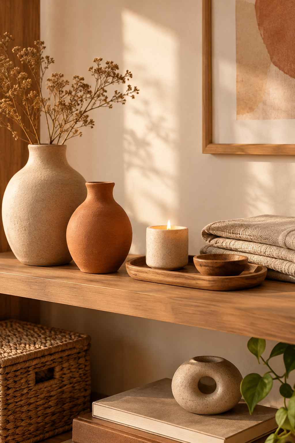 Styled living room shelf with handmade ceramic vases, linen textures, and warm candlelight