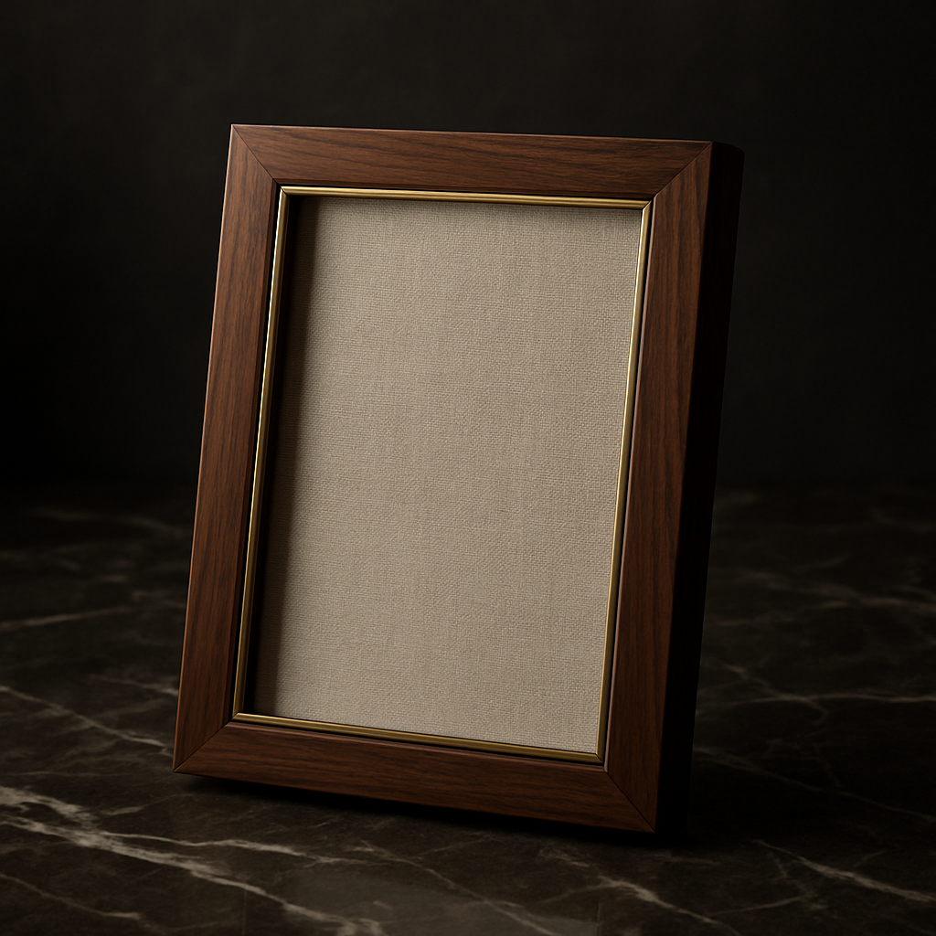 Rectangular walnut photo frame with a slim brass inlay and a linen-backed interior, set on a marble surface.