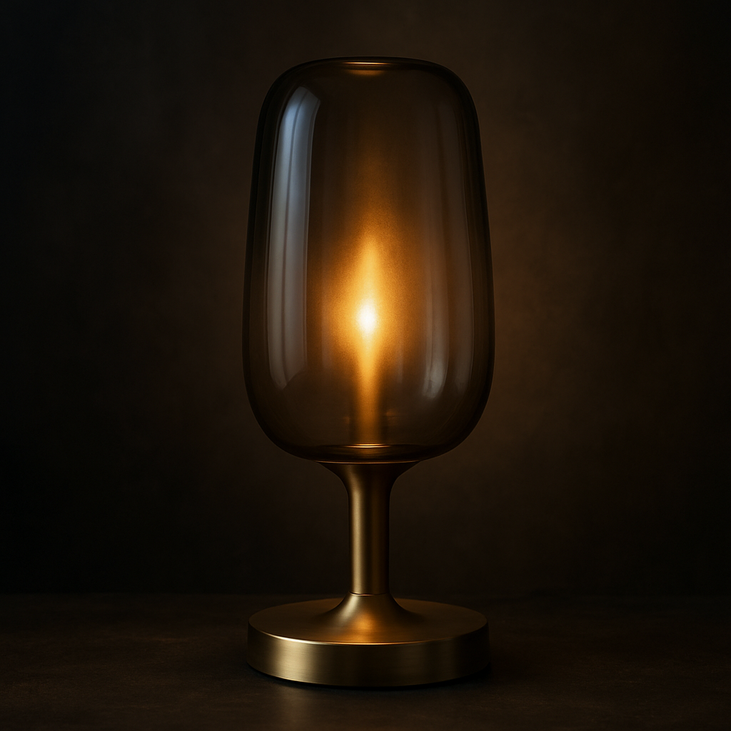 Tall smoked-glass table lamp with a matte brass base and warm ambient glow, photographed in a dark luxury interior.