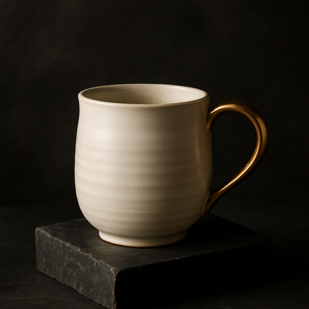 Hand-thrown ivory ceramic mug with a satin glaze, subtle ribbed texture, and a brushed gold handle, styled on a dark stone pedestal.