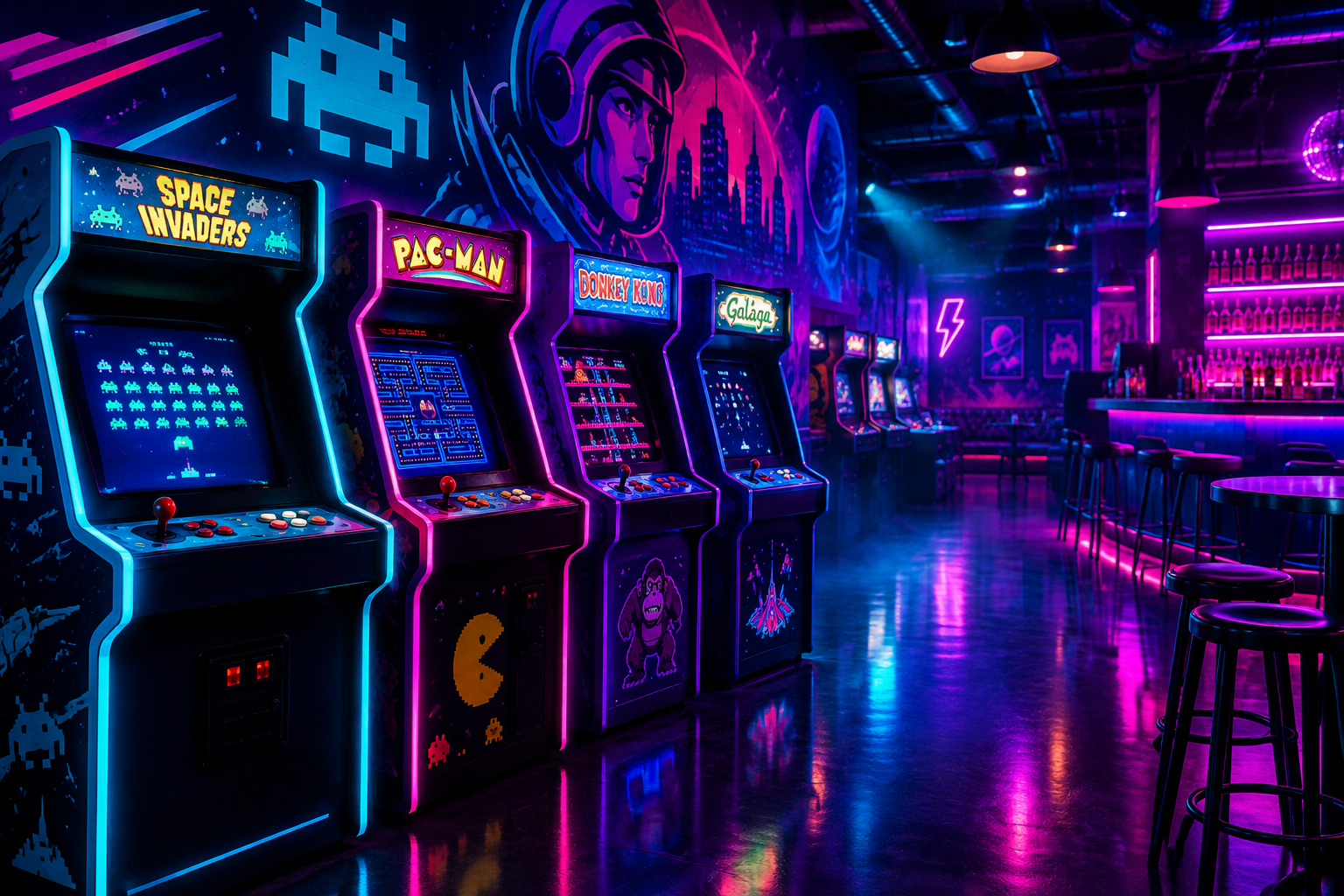 Neon-lit row of classic arcade cabinets with glowing wall art inside Pixel Pulse