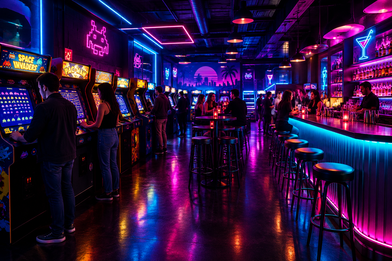 Wide interior of a retro arcade bar with glowing neon accents, classic arcade cabinets, and a lit cocktail counter