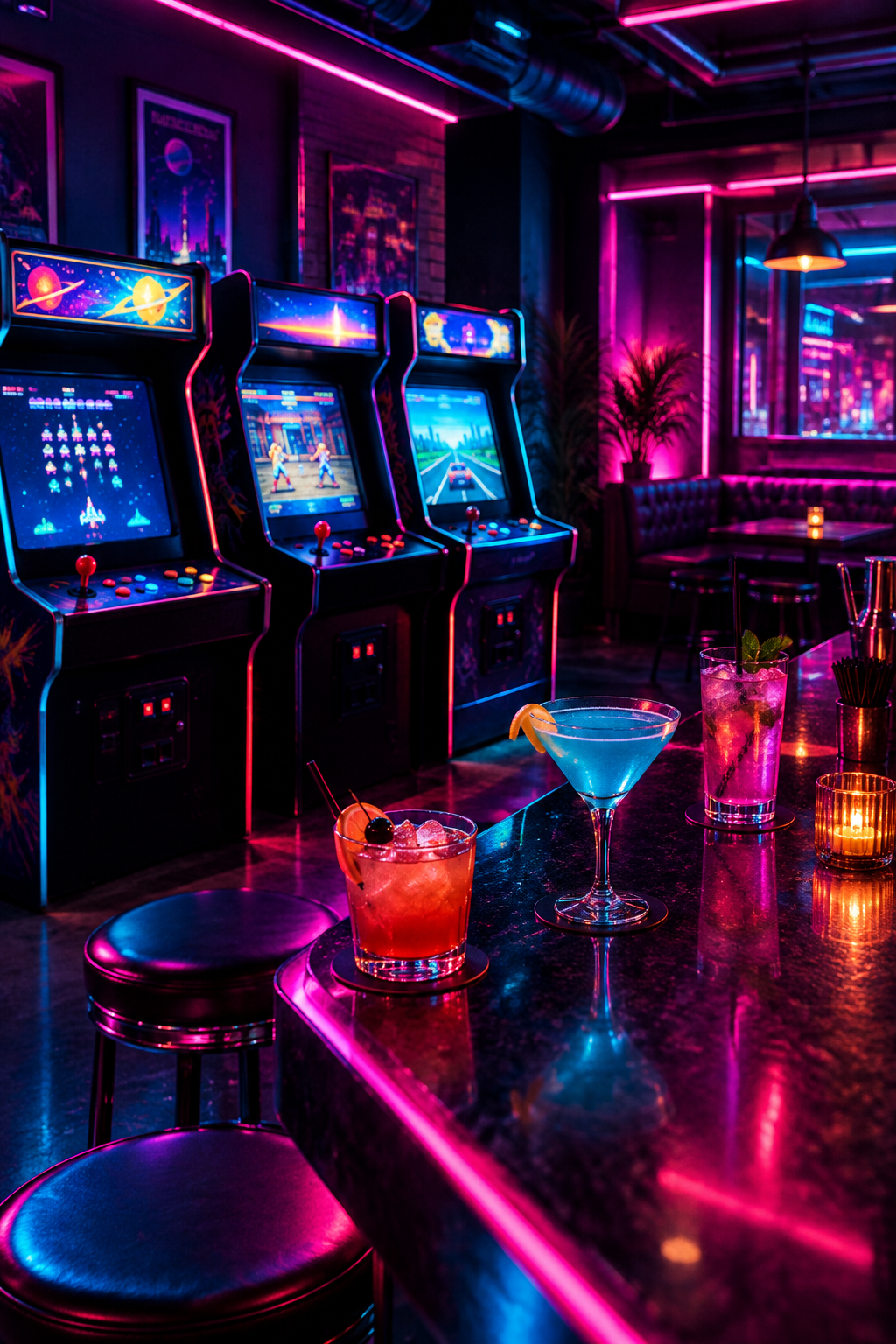 Stylish neon arcade-bar corner with playable machines, cocktails on the counter, and layered cyan-magenta lighting