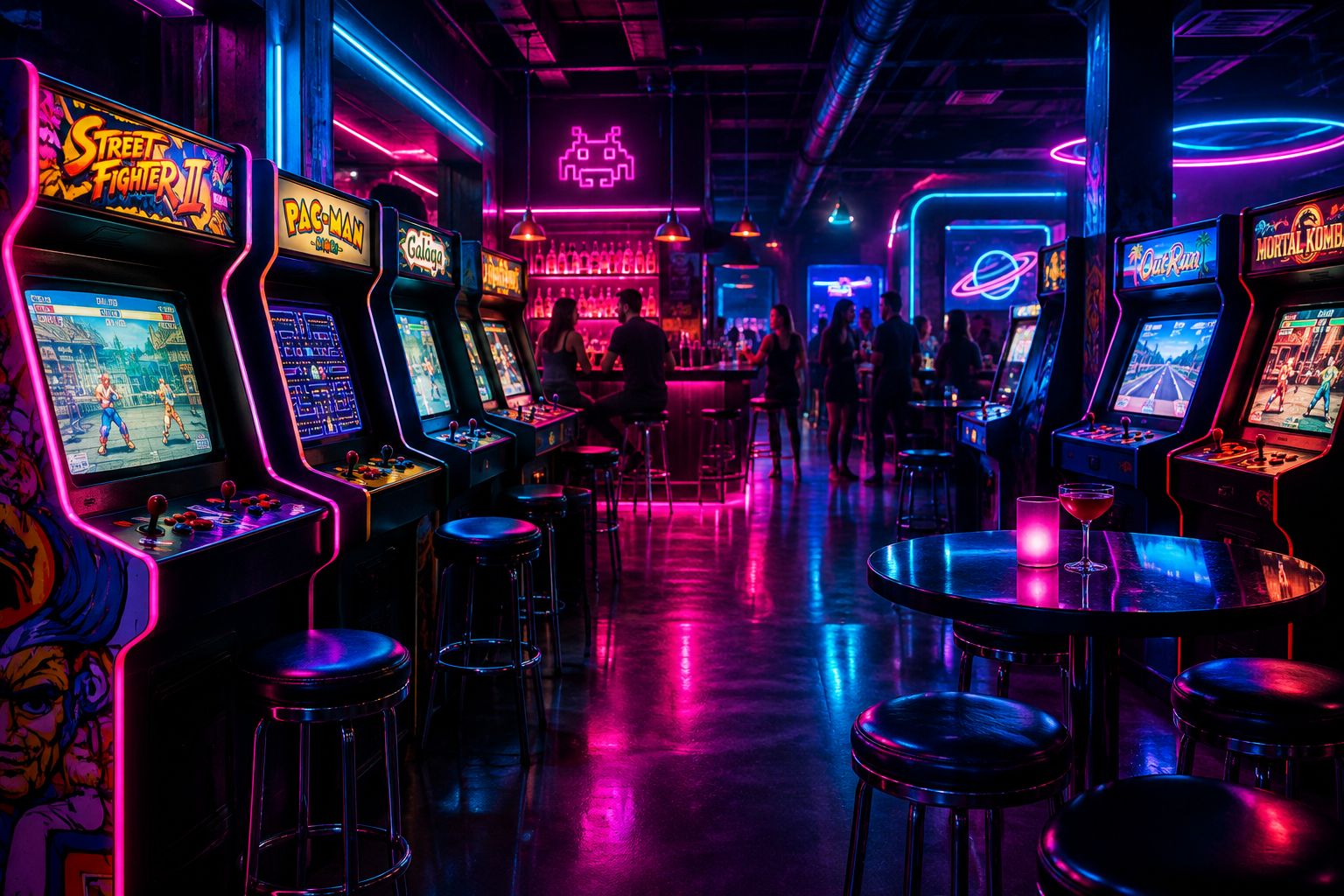 Cinematic retro arcade bar interior with glowing game cabinets, moody neon lighting, and a social nightlife atmosphere