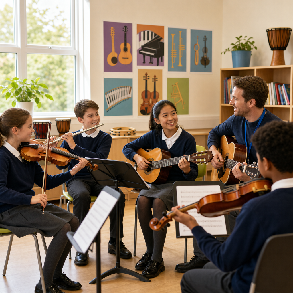 Children learning musical instruments together with a tutor in a bright school music room