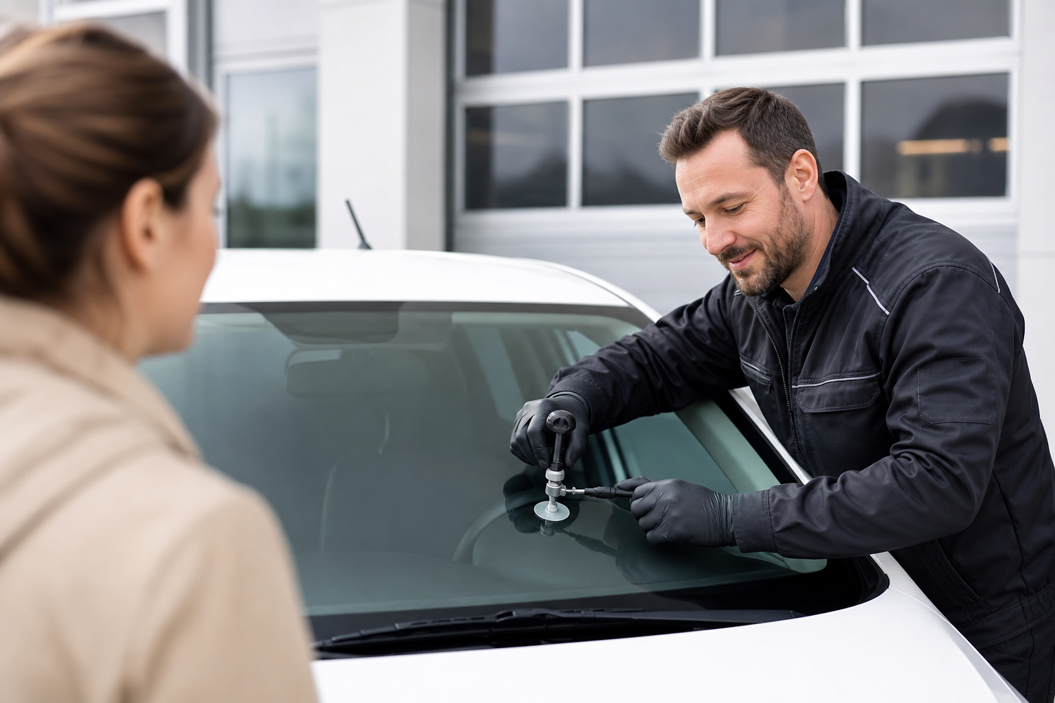 Autoglas-Fachkraft bei der Steinschlag-Reparatur an einem Fahrzeug