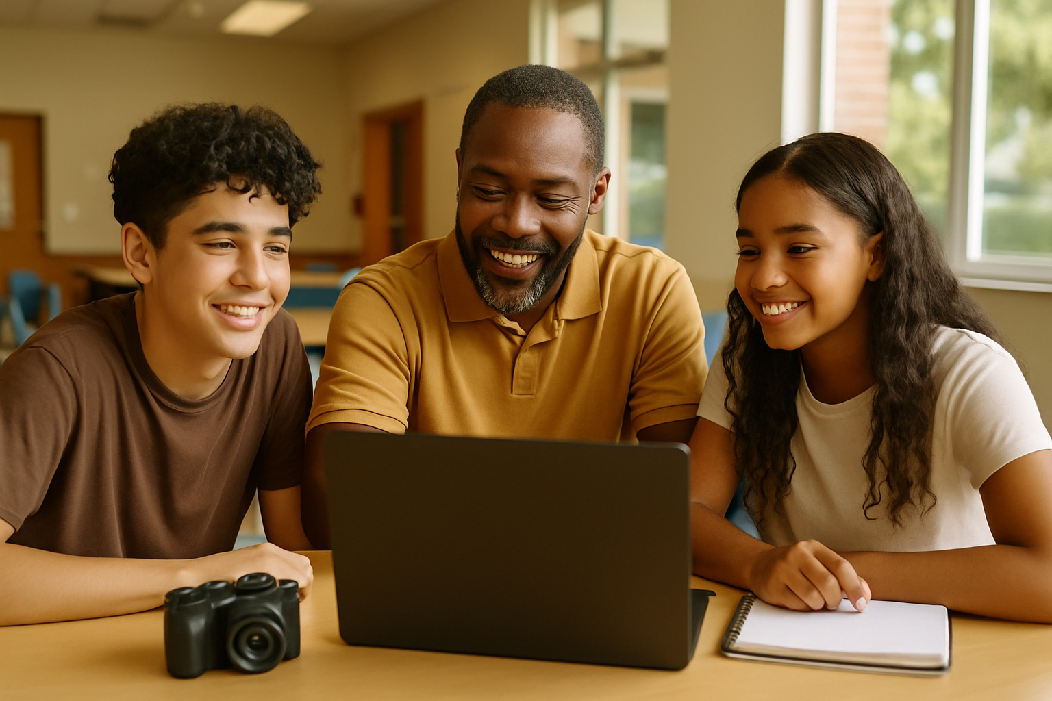 A youth mentor guiding two teenagers through a creative media project in a welcoming community center