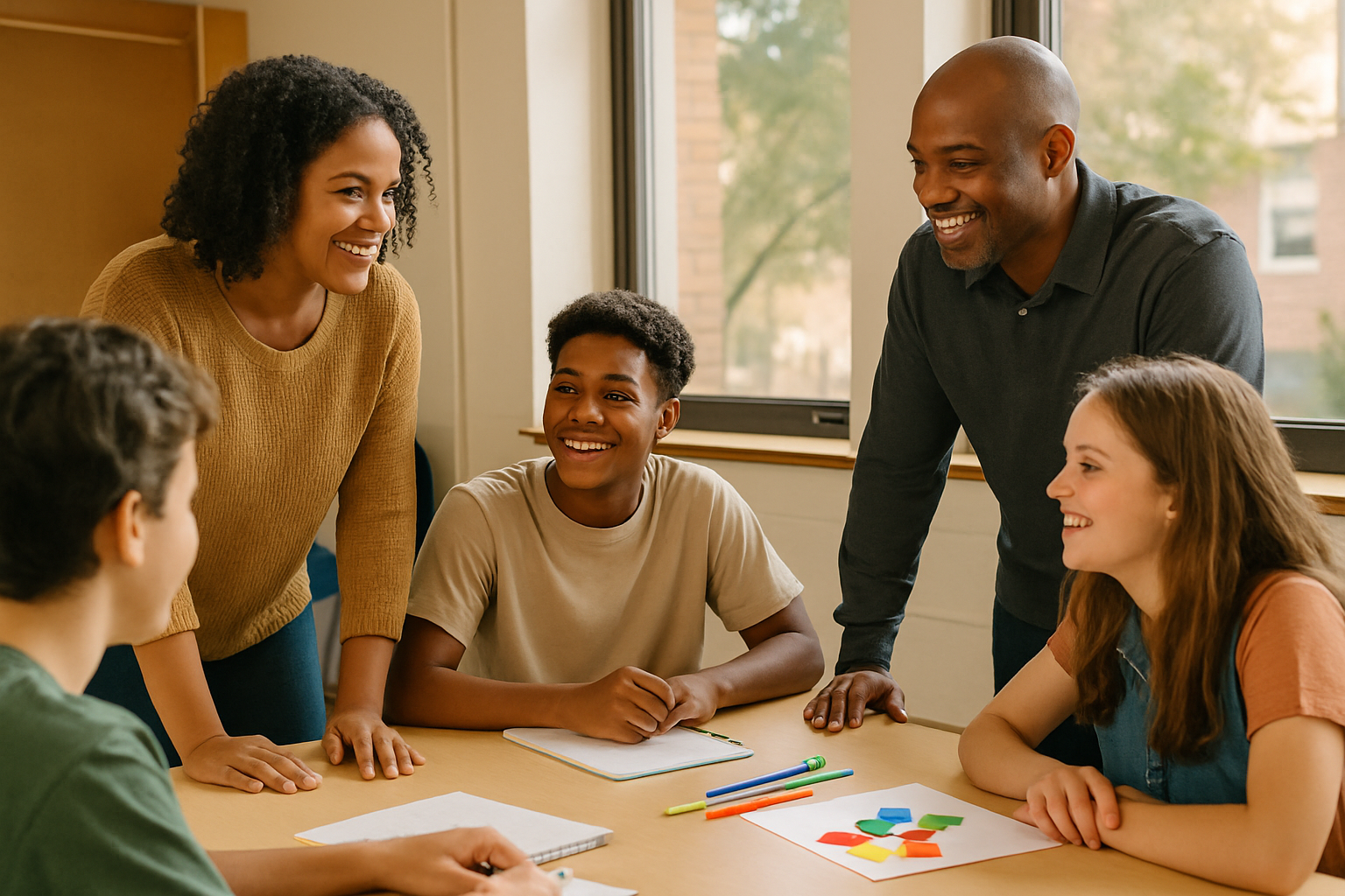 Mentor and local business volunteer talking with smiling teens during a community youth workshop
