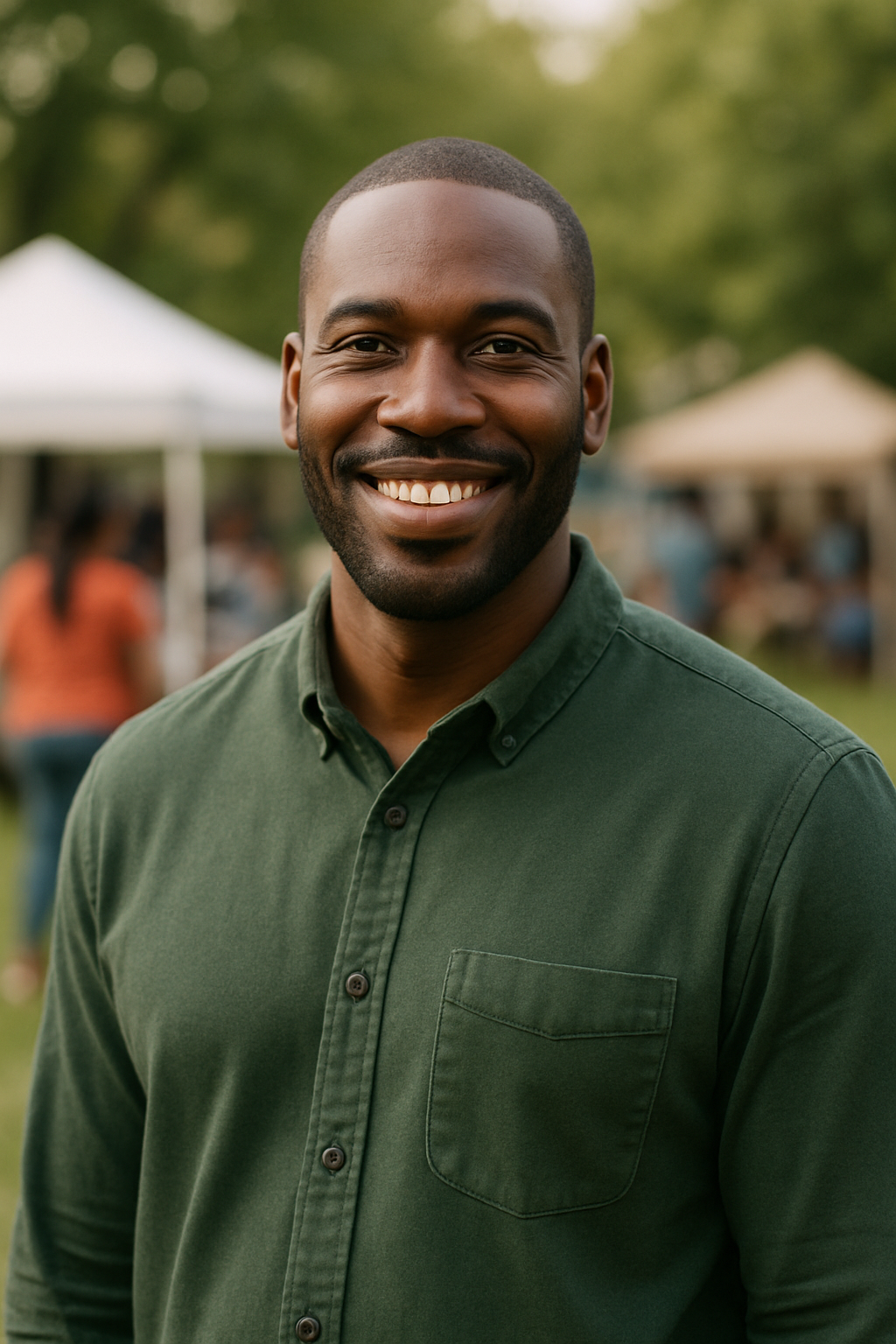 Portrait of Darius Cole, Community Partnerships Manager, outdoors at a neighborhood outreach event
