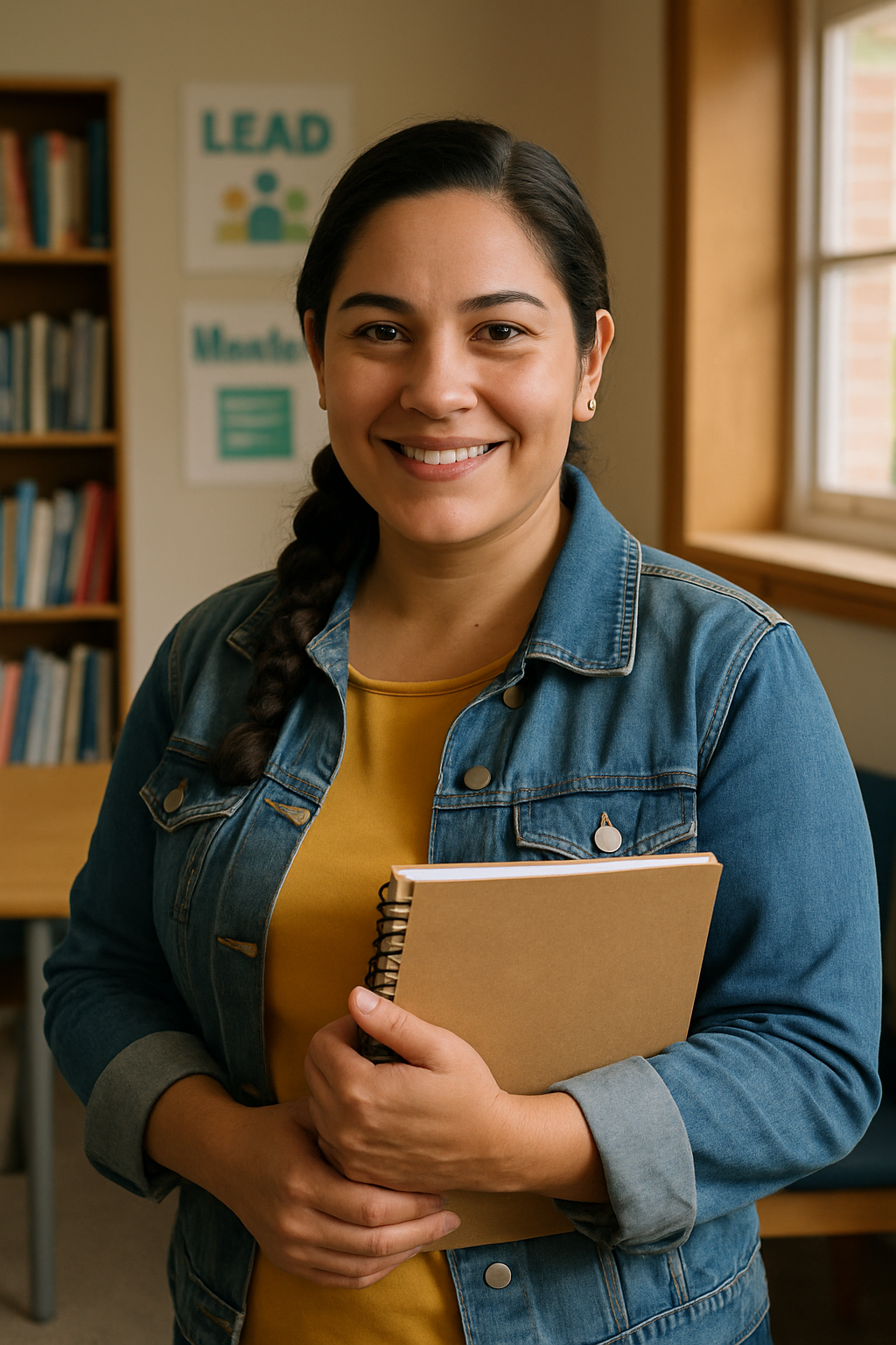 Portrait of Elena Ramirez, Mentorship Coordinator, with notebooks and mentoring resources