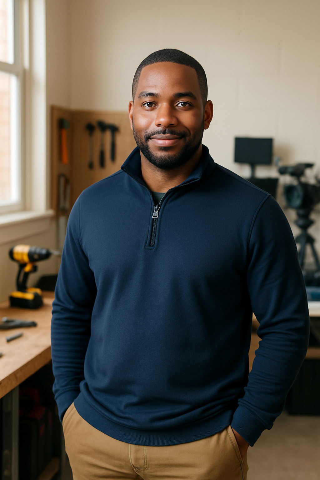 Portrait of Marcus Hill, Programs Lead, standing in a youth workshop space
