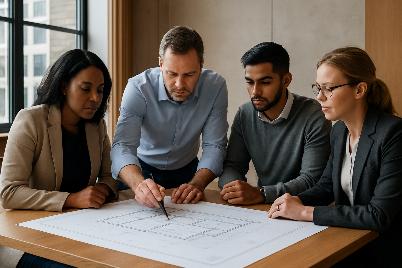 Professional construction consulting team reviewing architectural plans at a modern office table