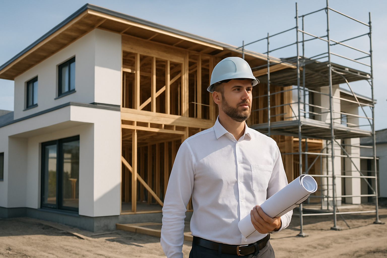 Modern residential construction site with a partially completed house, scaffolding, and a consultant holding blueprints under clear daylight