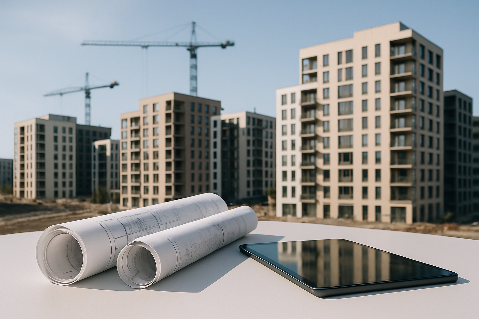 Urban development site with mid-rise buildings, cranes, and planning documents on a table