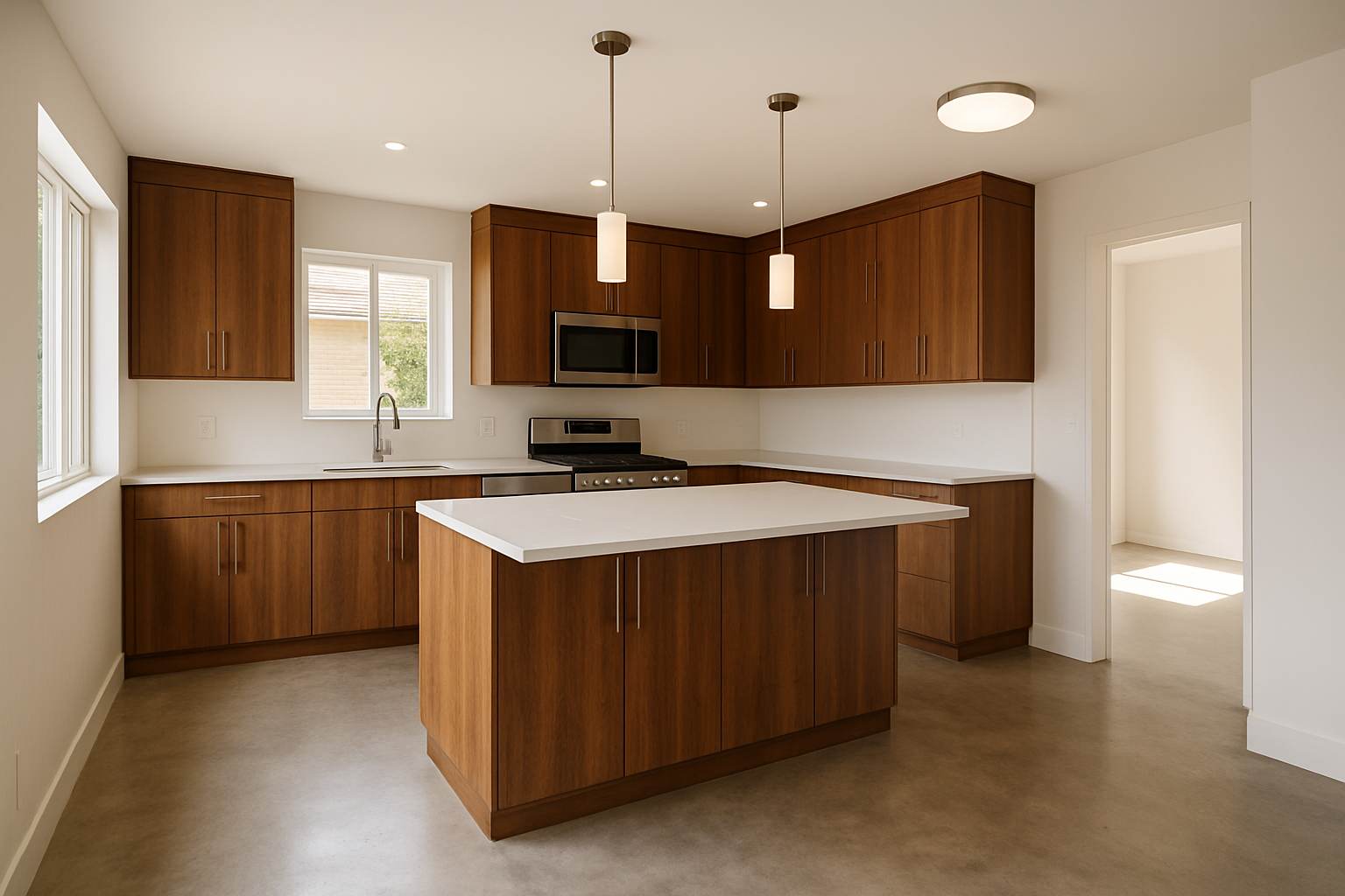 Bright interior renovation with open kitchen, warm wood cabinetry, and polished concrete floors